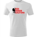 biała Męska koszulka - Bóg Honor Ojczyzna. Dostępne wszystkie rozmiary S, M, L, XL, XXL, XXXL, XXXXL. Zapraszamy do zakupu.