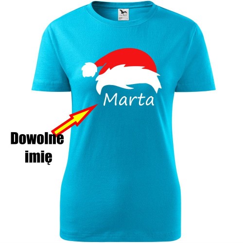 damska koszulka taliowana - czapka mikołaja + twoje imię, prezent na świeta