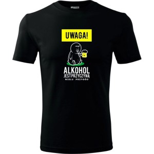 męska koszulka - uwaga! alkohol jest przyczyną wielu przygód