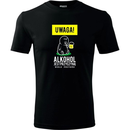 męska koszulka - uwaga! alkohol jest przyczyną wielu przygód