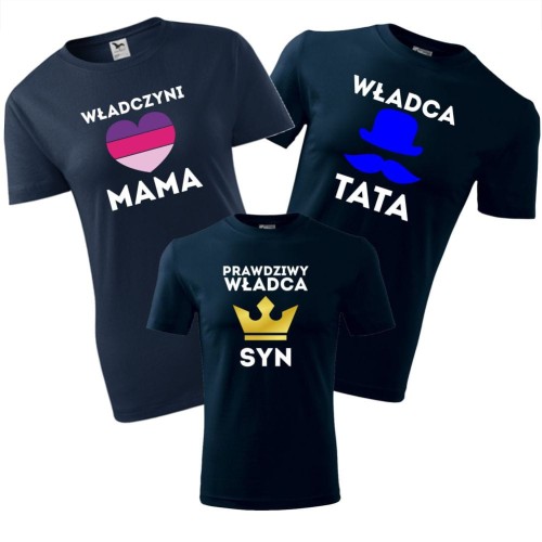 zestaw koszulek dziecięca, damska i męska - władczyni mama, władca tata, prawdziwy władca syn