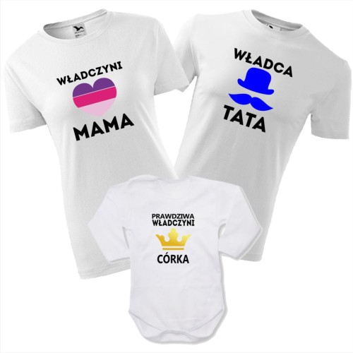 zestaw body niemowlęce, koszulka damska i męska - władczyni mama, władca tata, prawdziwa władczyni córka