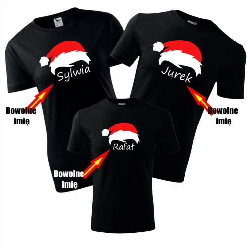 zestaw koszulek dziecięca, damska i męska - czapka mikołaja z imieniem mamy taty dziecka prezent na święta, gwiazdora od aniołka t-shirt