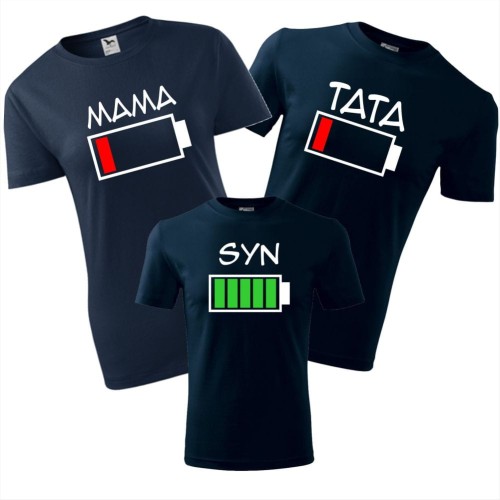 zestaw koszulek dziecięca, damska i męska - bateria mama, bateria tata, bateria syn