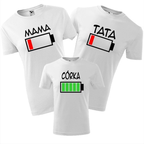zestaw koszulek dziecięca, damska i męska - bateria mama, bateria tata, bateria córka