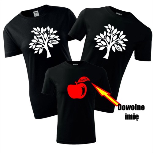 zestaw koszulek dziecięca, damska i męska - drzewo mama, drzewo tata, jabłko + twoje imię