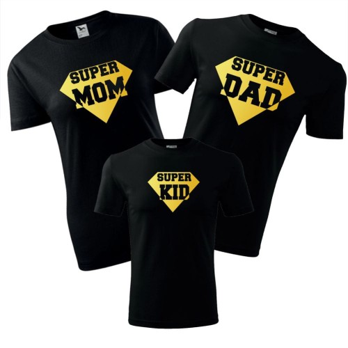 zestaw koszulek dziecięca, damska i męska - super mom, super dad, super kid