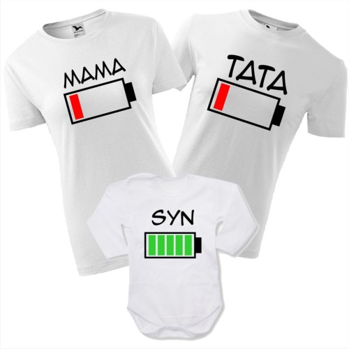 zestaw body niemowlęce, koszulka damska i męska - bateria mama, bateria tata, bateria syn