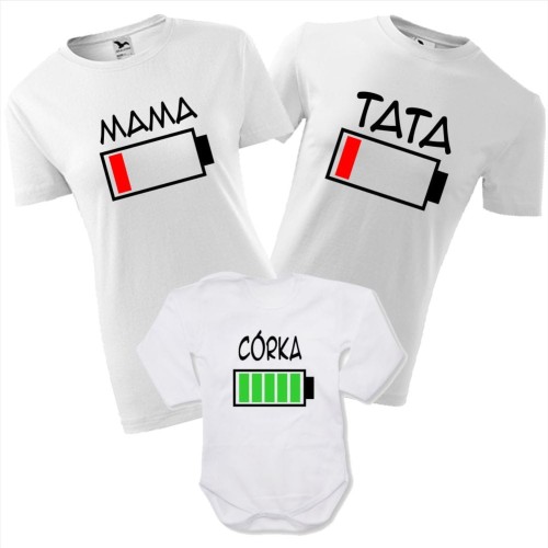 zestaw body niemowlęce, koszulka damska i męska - bateria mama, bateria tata, bateria córka