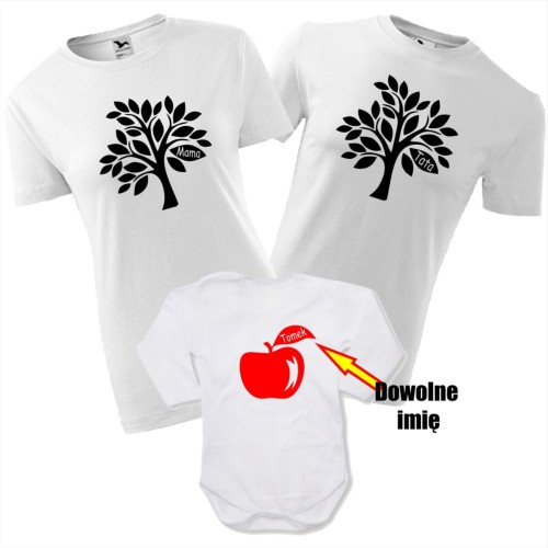 zestaw body niemowlęce, koszulka damska i męska - drzewo mama, drzewo tata, jabłko + twoje imię