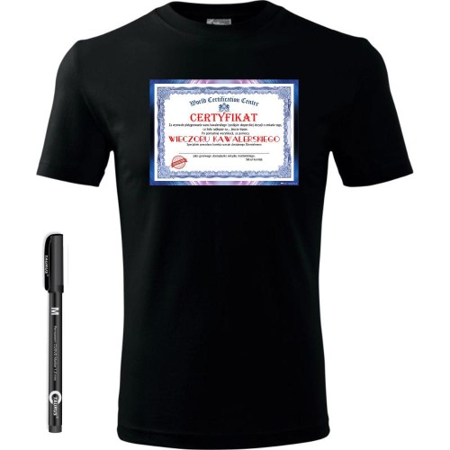 męska koszulka - certfikat z wieczoru kawalerskiego + pisak do ręcznego wypisania prezent, pamiątka na wieczór kawalerski dla pana młodego