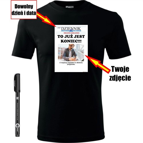 męska koszulka - to już jest koniec! wieczór kawalerski + dzień + data + twoje zdjęcie + miejsce na wasze podpisy + pisak do ręcznego wypisania prezentu, pamiątka na wieczór kawalerski dla pana młodego