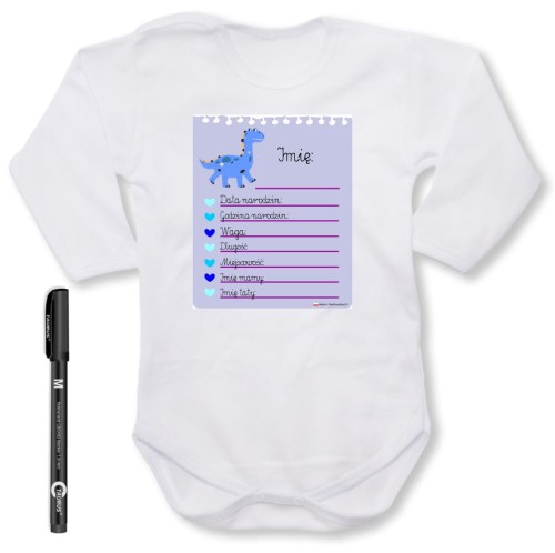 dziecięce body z dł. rękawem - metryczka dla chłopca + pisak do ręcznego wypisania, niespotykany prezent, pamiątka, wersja 01