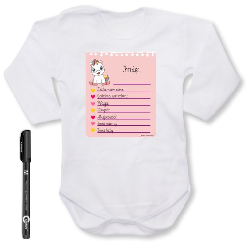 dziecięce body z dł. rękawem - metryczka dla dziewczynki + pisak do ręcznego wypisania, niespotykany prezent, pamiątka, wersja 02