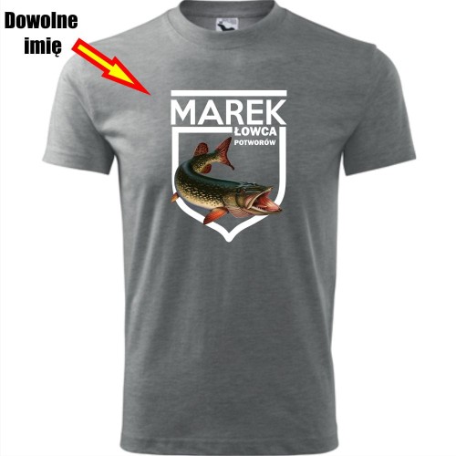 męska koszulka - łowca potworów + dowolne imię, dla wędkarza prezent