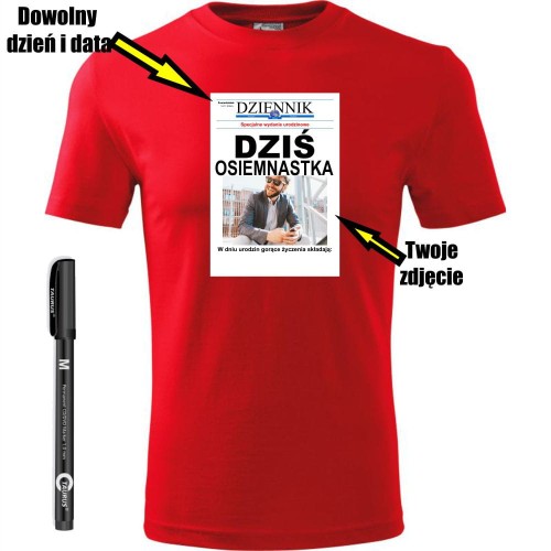 męska koszulka - dziś osiemnastka + dzień + data + twoje zdjęcie + miejsce na podpisy + pisak do ręcznego wypisania prezentu, pamiątka na urodziny