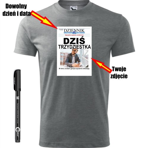 męska koszulka - dziś trzydziestka + dzień + data + twoje zdjęcie + miejsce na podpisy + pisak do ręcznego wypisania prezentu, pamiątka na urodziny