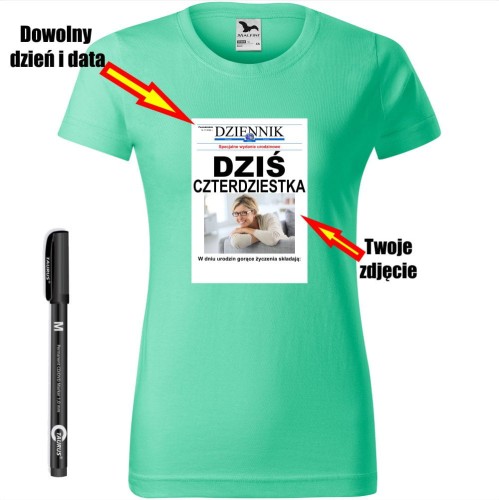 damska koszulka taliowana - dziś czterdziestka + dzień + data + twoje zdjęcie + miejsce na podpisy + pisak do ręcznego wypisania prezentu, pamiątka na urodziny