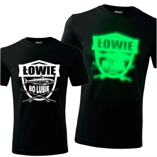 męska koszulka z nadrukiem świecącym w ciemności - łowię bo lubię dla wędkarzy, ryba, wędkarstwo