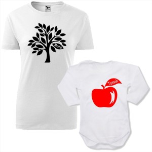 zestaw body niemowlęce + damska koszulka taliowana - drzewo mama i jabłko + twoje imię (dla syna)