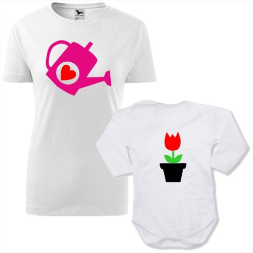 zestaw body niemowlęce + damska koszulka taliowana - konewka i kwiatek