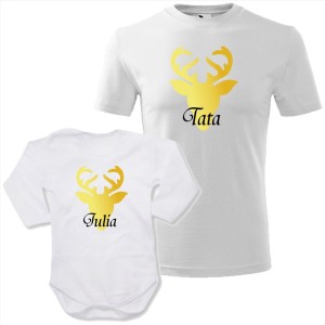 zestaw body niemowlęce + męska koszulka - złoty renifer tata i renifer + imię dziecka (tata + córka)