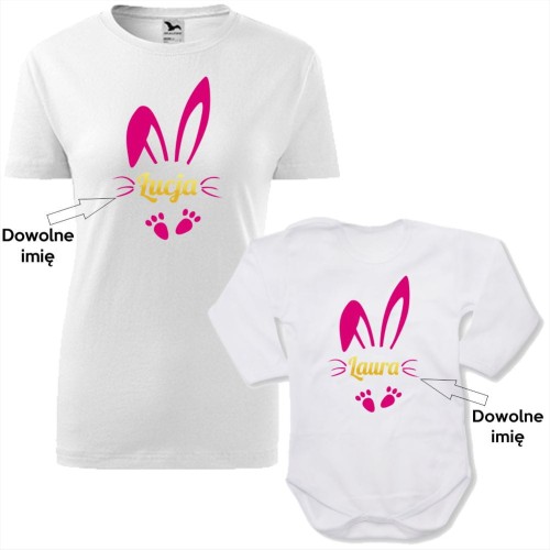 zestaw body niemowlęce + damska koszulka taliowana - zając 04 + twoje damskie imiona (mamy i córki), prezent na Wielkanoc