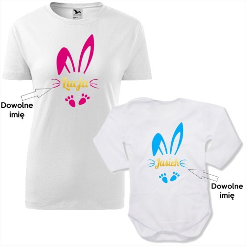 zestaw body niemowlęce + damska koszulka taliowana - zając 04 + twoje imiona (mamy i synka), prezent na Wielkanoc 