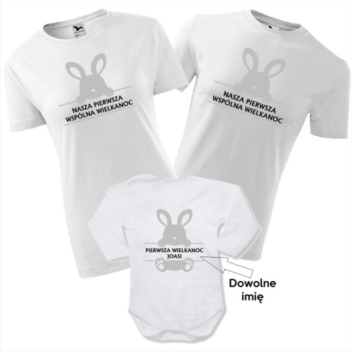 zestaw body niemowlęce, koszulka damska i męska - nasza pierwsza wspólna Wielkanoc + imię dziecka, prezent, zajączek