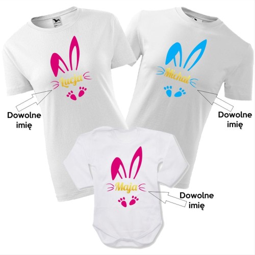 zestaw body niemowlęce, koszulka damska i męska - zając 04 + twoje imiona (mamy, taty i córki), prezent na Wielkanoc
