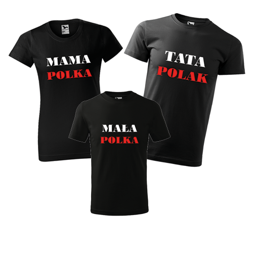 zestaw koszulek dziecięca, damska i męska mama polka, tata polak, mała polka