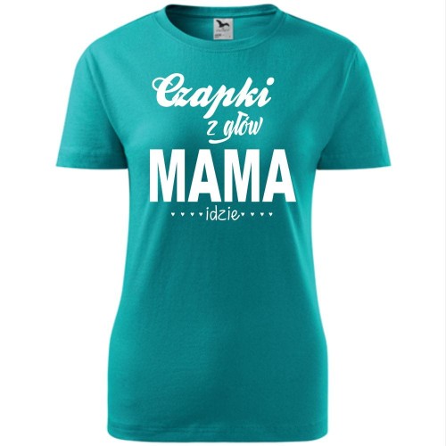 Damska koszulka taliowana - czapki z głów mama idzie