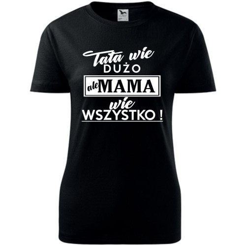 Damska koszulka taliowana - tata wie dużo ale mama wie wszystko