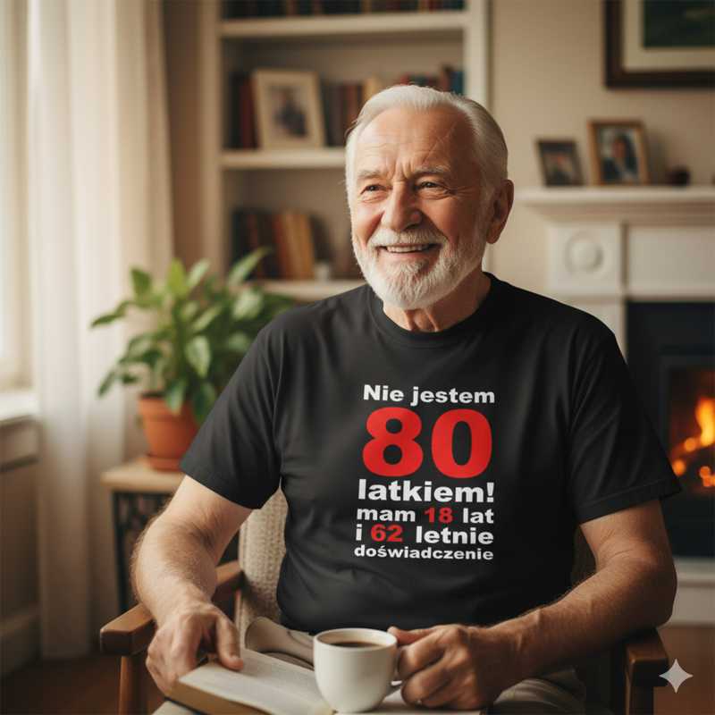 Męska koszulka - nie jestem 80 latkiem mam 18 lat i 62 lata doświadczenia prezent na urodziny