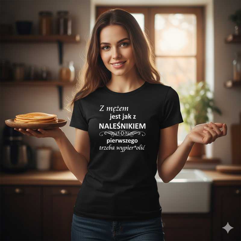 Damska koszulka taliowana - Z mężem jak z naleśnikiem
