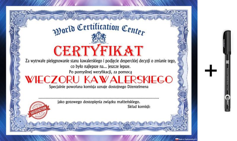 certyfikat wieczór kawalerski prezent na lata