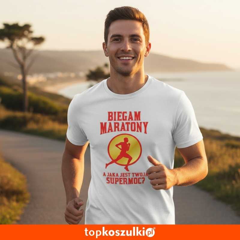 męska koszulka - biegam maratony a jaka jest twoja supermoc?