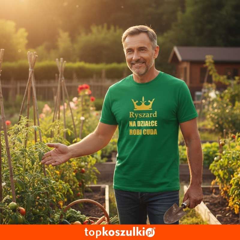 męska koszulka - na działce robi cuda + twoje imię 