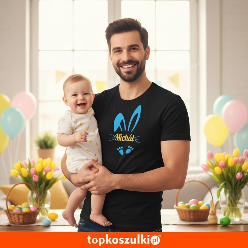 męska koszulka - zając 04 + twoje imię, prezent na Wielkanoc